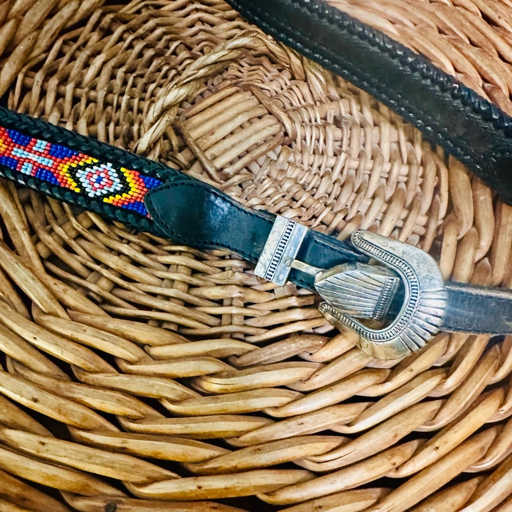 Black Leather Belt with Silver Buckle and Beaded Design